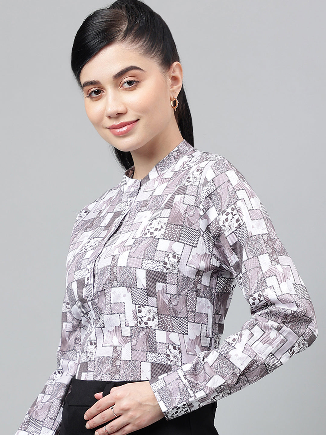 Women Mauve Floral Digital Printed Cotton Satin Long Sleeves Regular Fit Formal Top