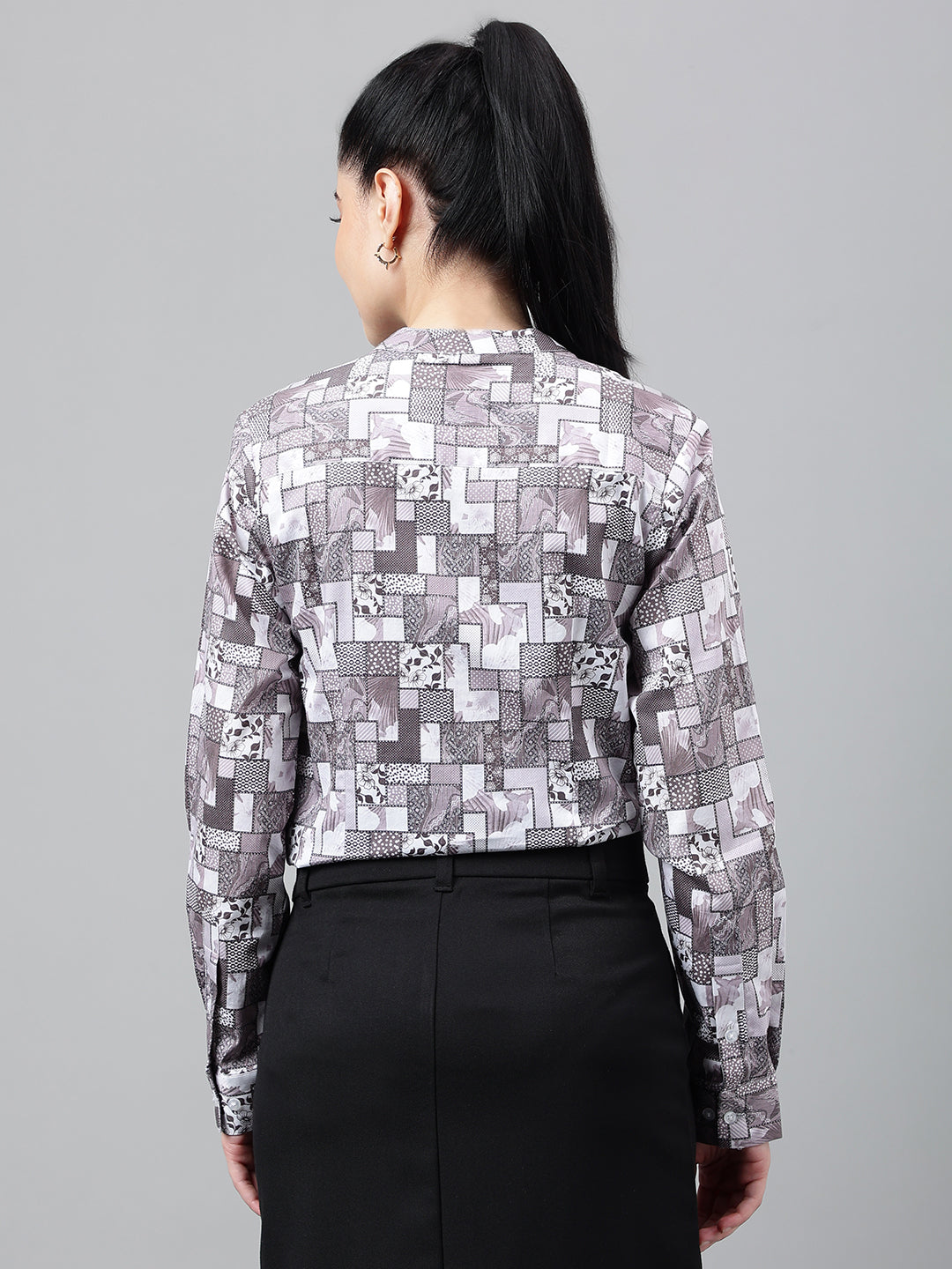 Women Mauve Floral Digital Printed Cotton Satin Long Sleeves Regular Fit Formal Top