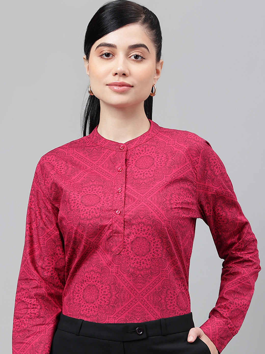 Women Magenta Floral Printed Pure Cotton Long Sleeve Regular Fit Formal Top