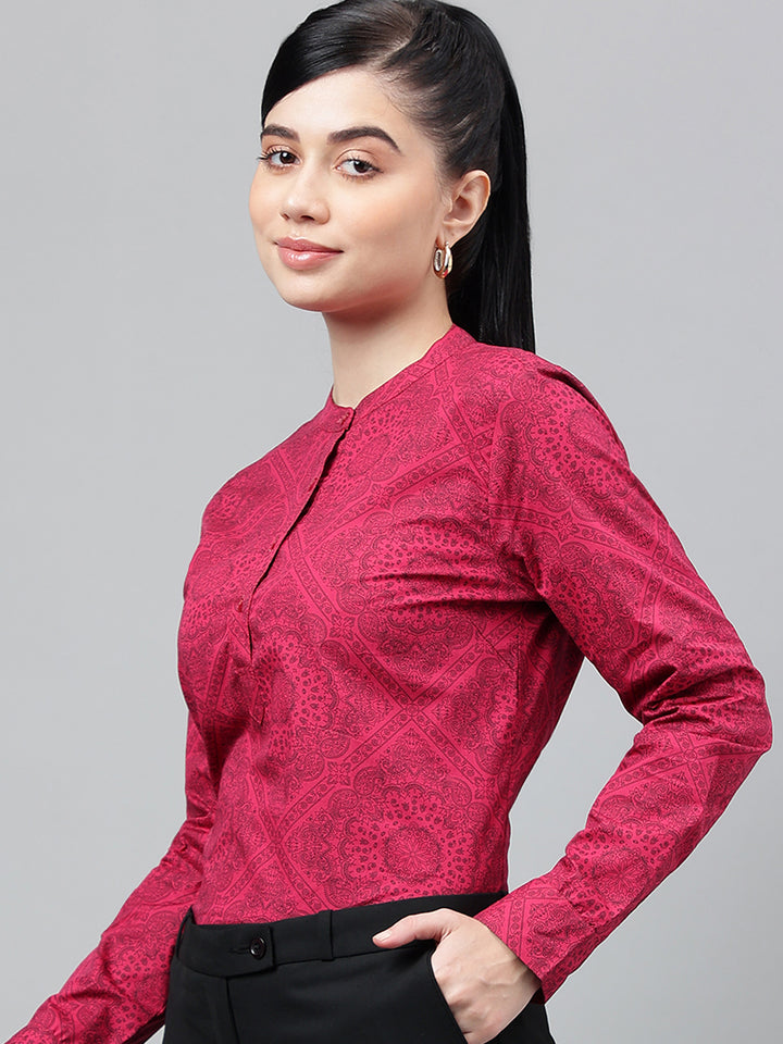 Women Magenta Floral Printed Pure Cotton Long Sleeve Regular Fit Formal Top