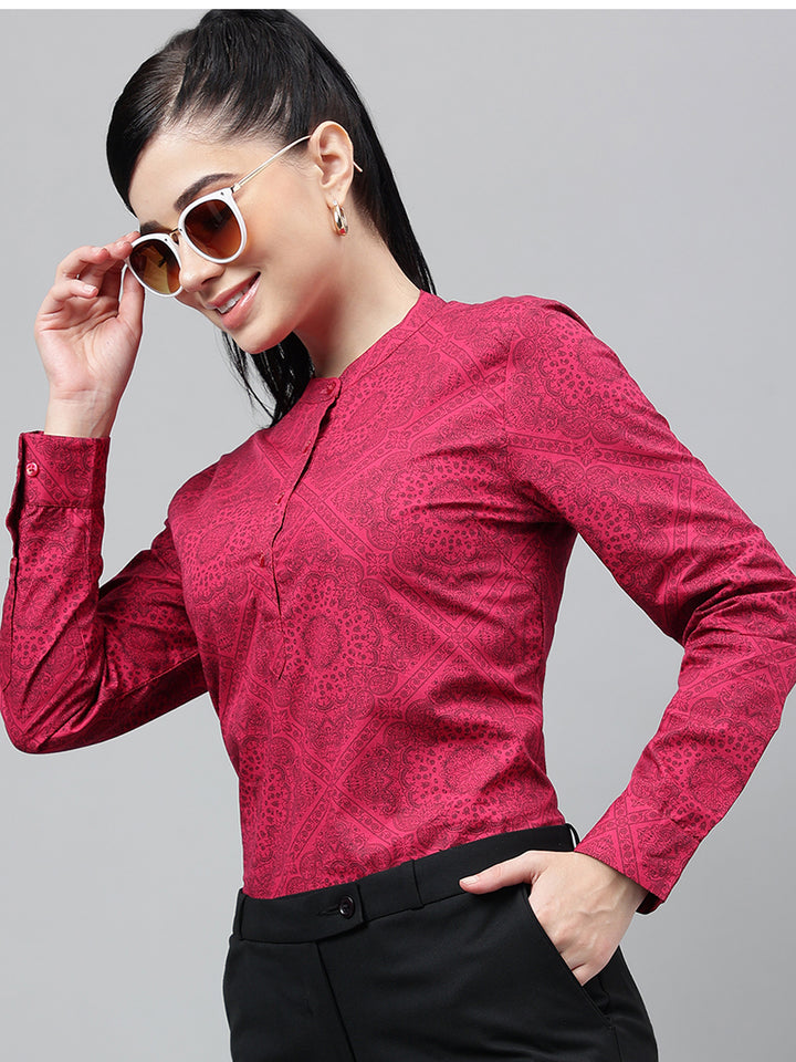Women Magenta Floral Printed Pure Cotton Long Sleeve Regular Fit Formal Top