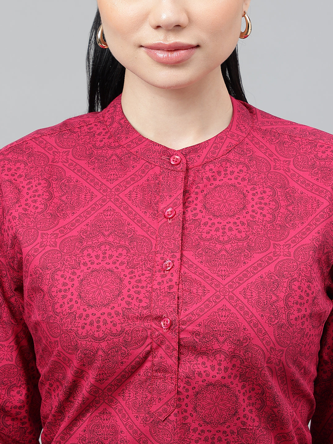 Women Magenta Floral Printed Pure Cotton Long Sleeve Regular Fit Formal Top