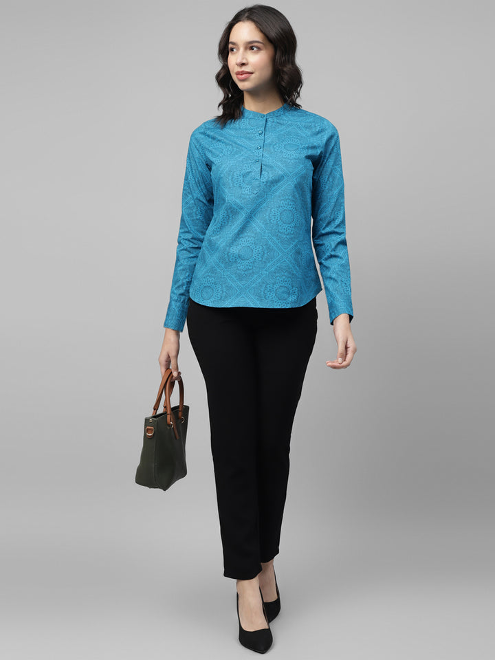 Women, Blue, Floral Printed, Pure Cotton, Mandarin Collar, Regular Fit, Formal Top