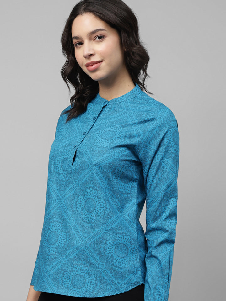 Women, Blue, Floral Printed, Pure Cotton, Mandarin Collar, Regular Fit, Formal Top