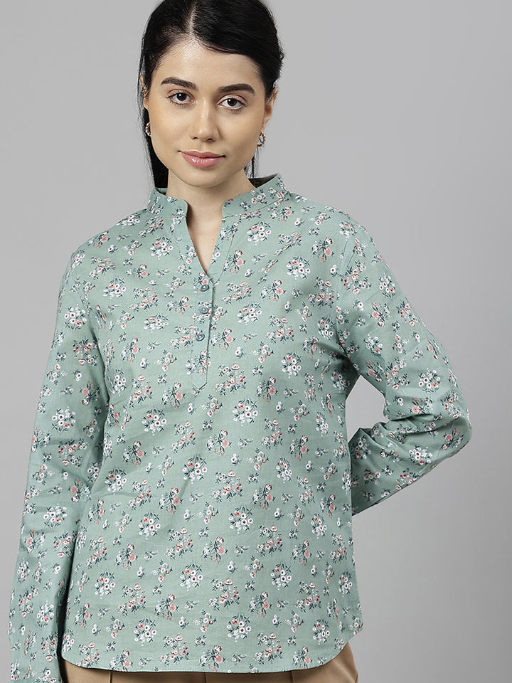 Women Green Floral Printed Pure Cotton Cambric High Low  Formal Top