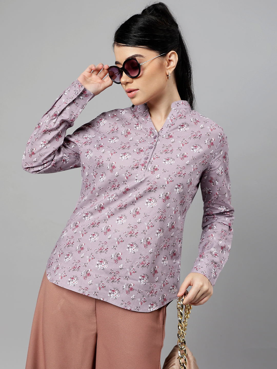 Women Mauve Floral Printed Pure Cotton Cambric High Low  Formal Top