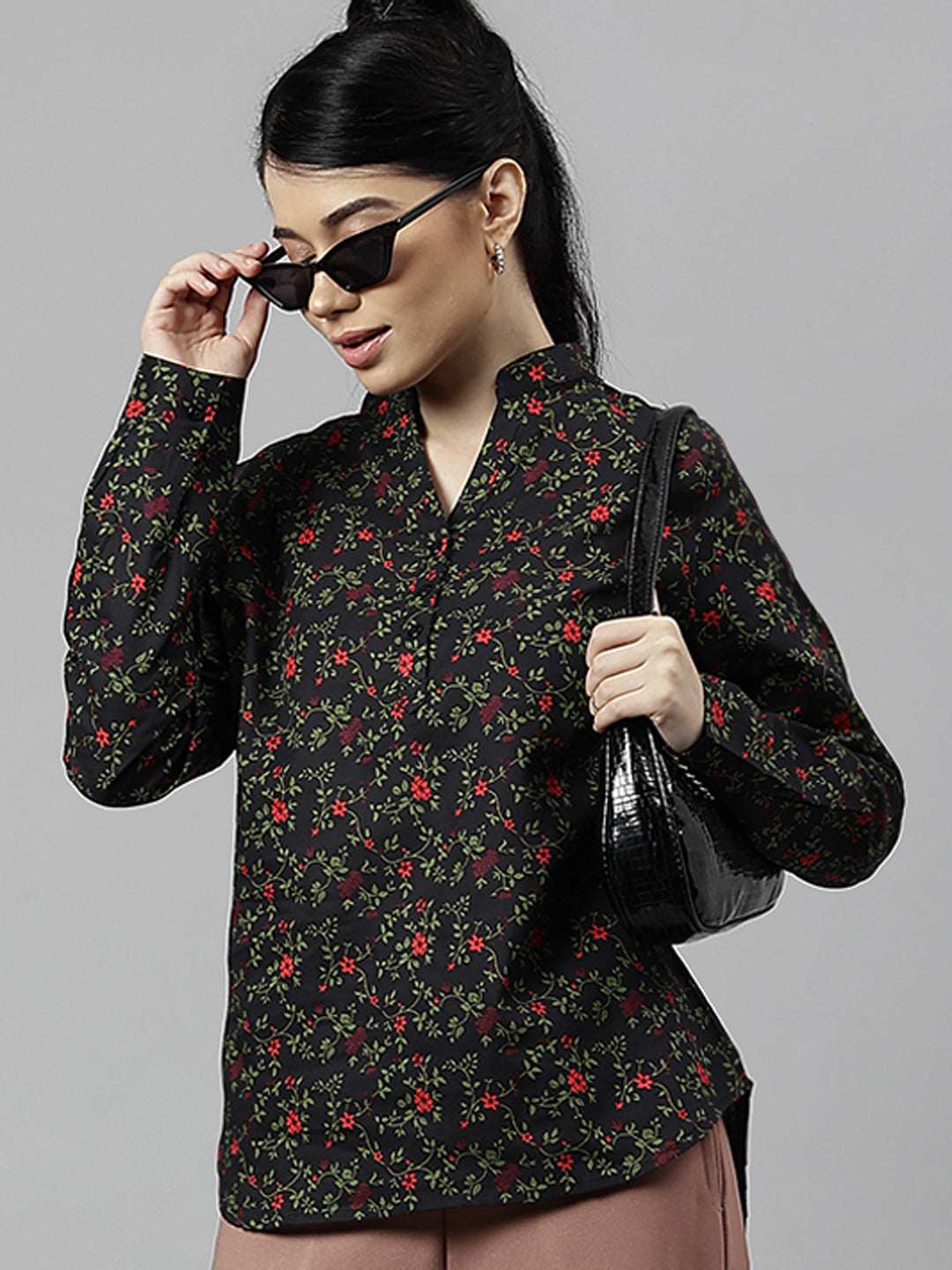 Women Black Floral Printed Pure Cotton Cambric High Low  Formal Top