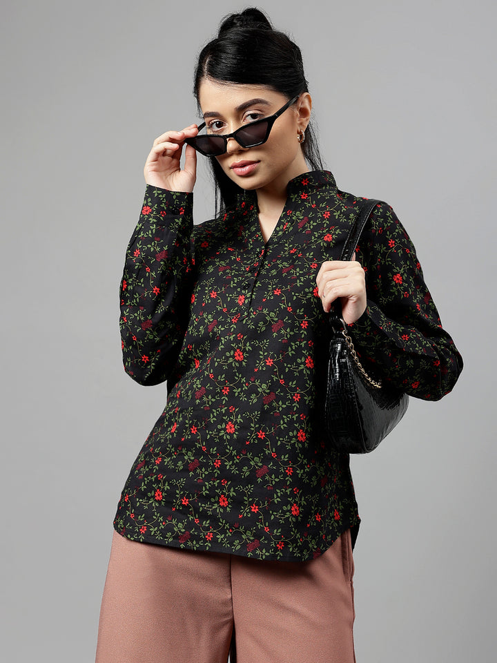 Women Black Floral Printed Pure Cotton Cambric High Low  Formal Top