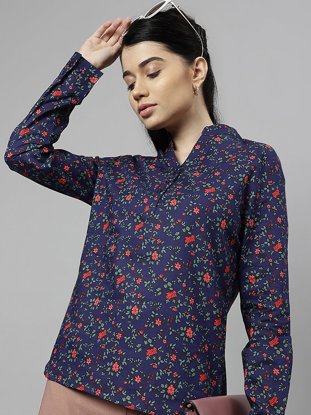 Women Navy Blue Floral Printed Pure Cotton Cambric High Low Formal Top