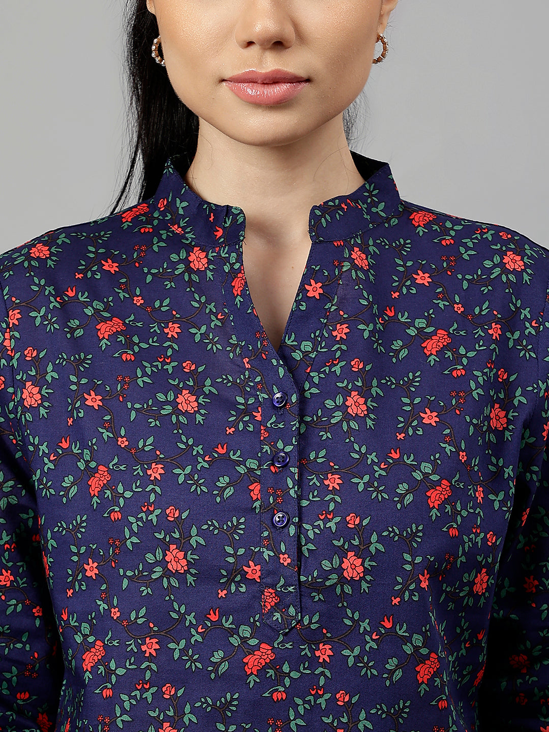 Women Navy Blue Floral Printed Pure Cotton Cambric High Low Formal Top