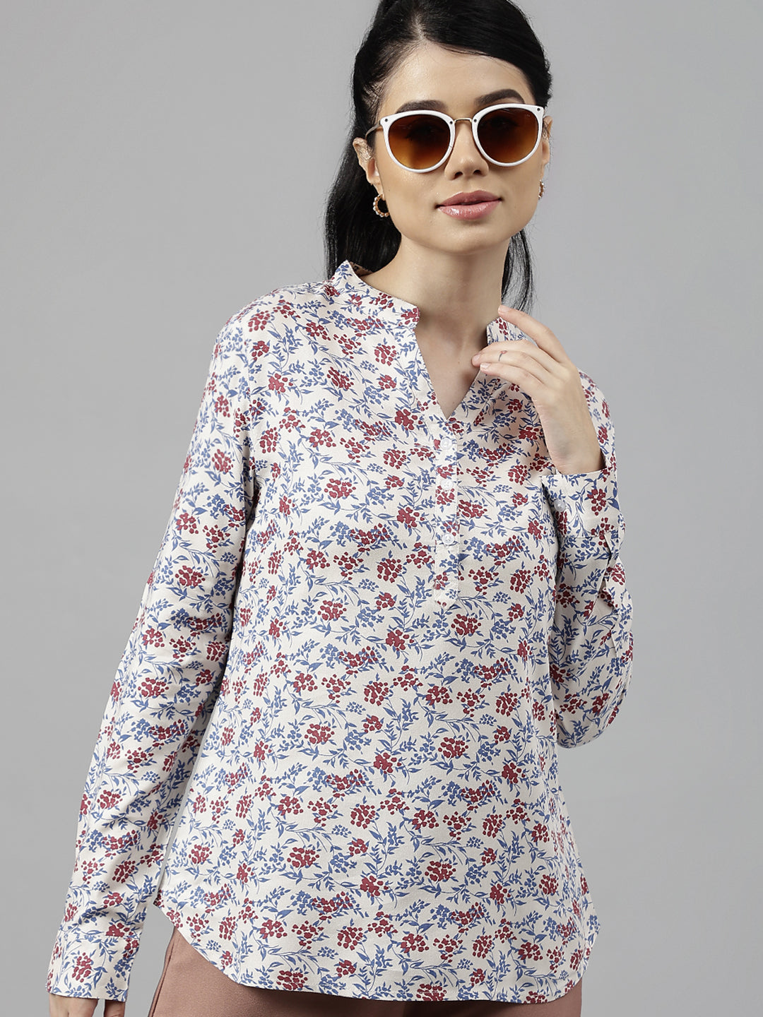 Women Beige & Maroon Floral Printed Viscose Rayon High Low Formal Top