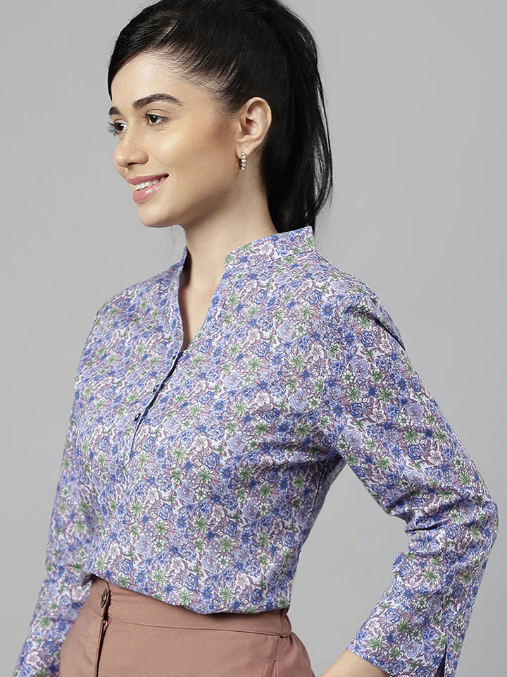 Women Blue Floral Printed Pure Cotton Regular Fit Formal Top