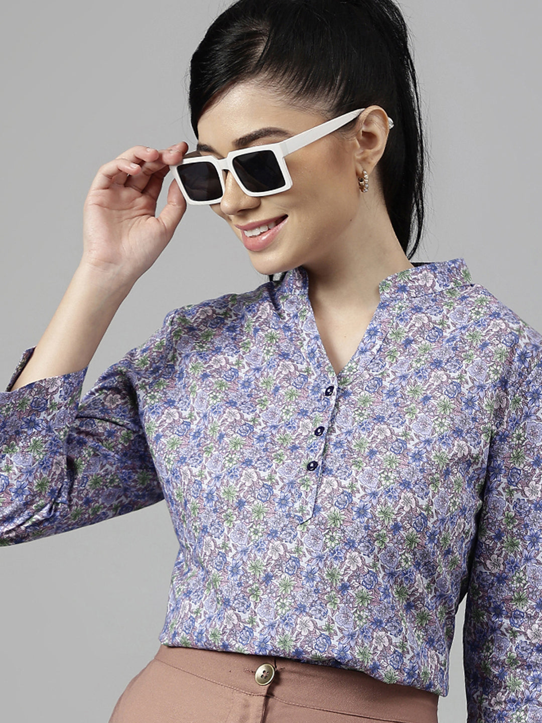 Women Blue Floral Printed Pure Cotton Regular Fit Formal Top