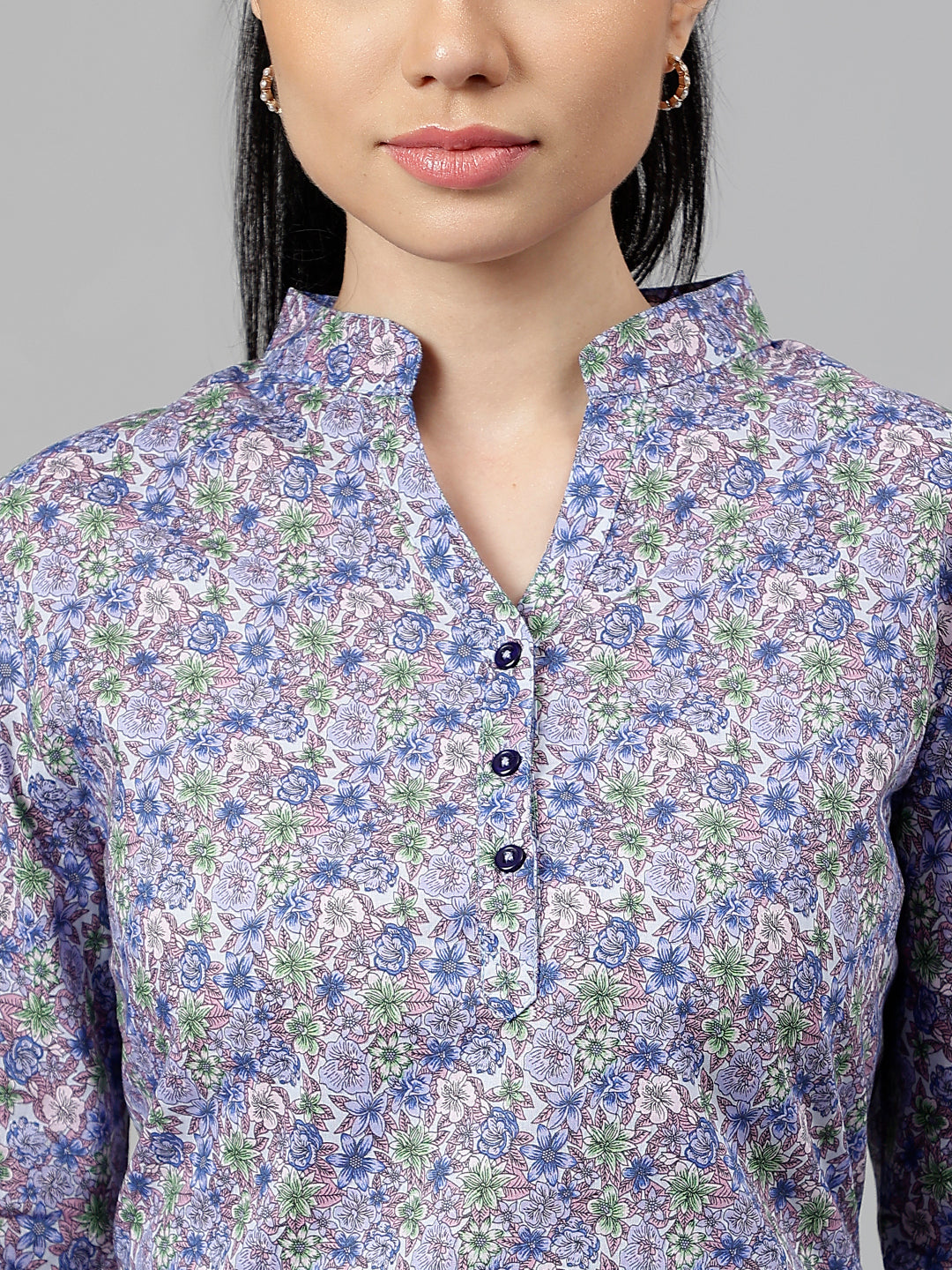 Women Blue Floral Printed Pure Cotton Regular Fit Formal Top