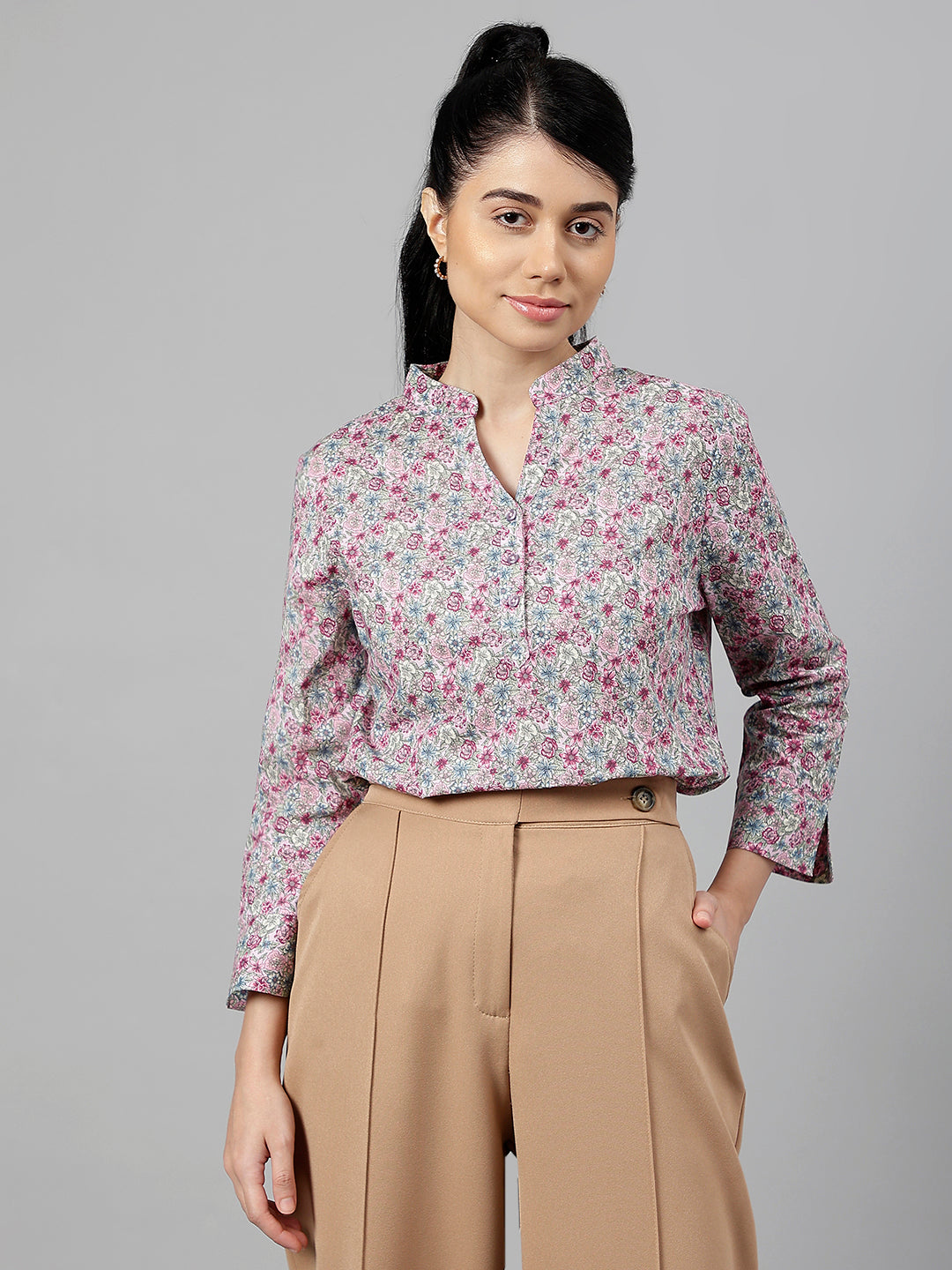 Women Pink Floral Printed Pure Cotton Regular Fit Formal Top