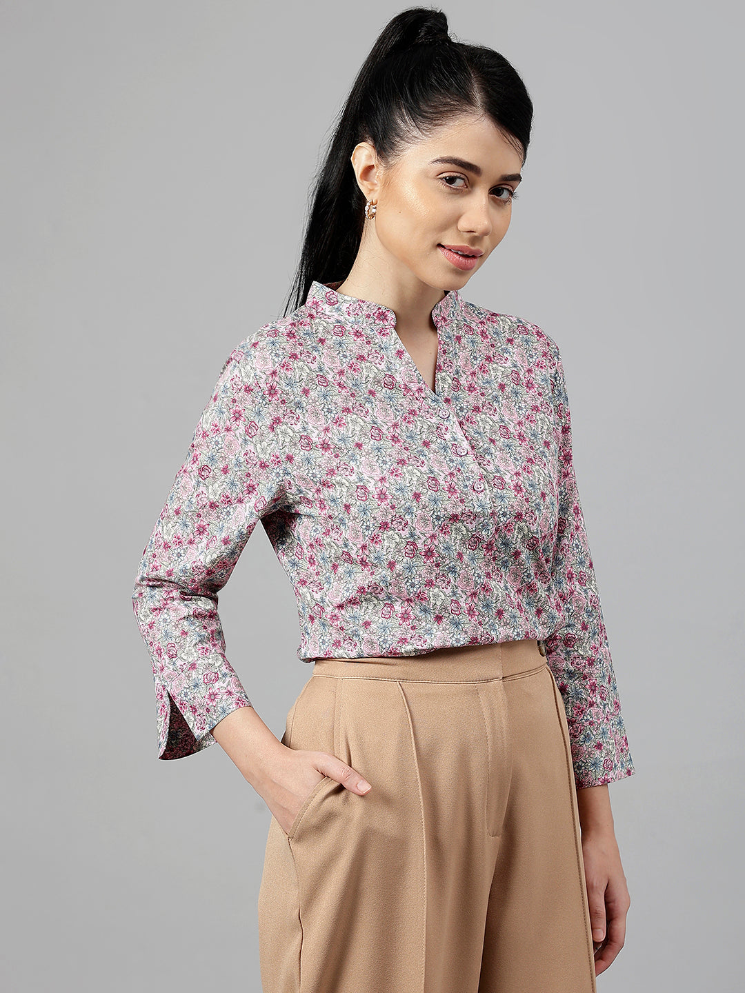 Women Pink Floral Printed Pure Cotton Regular Fit Formal Top