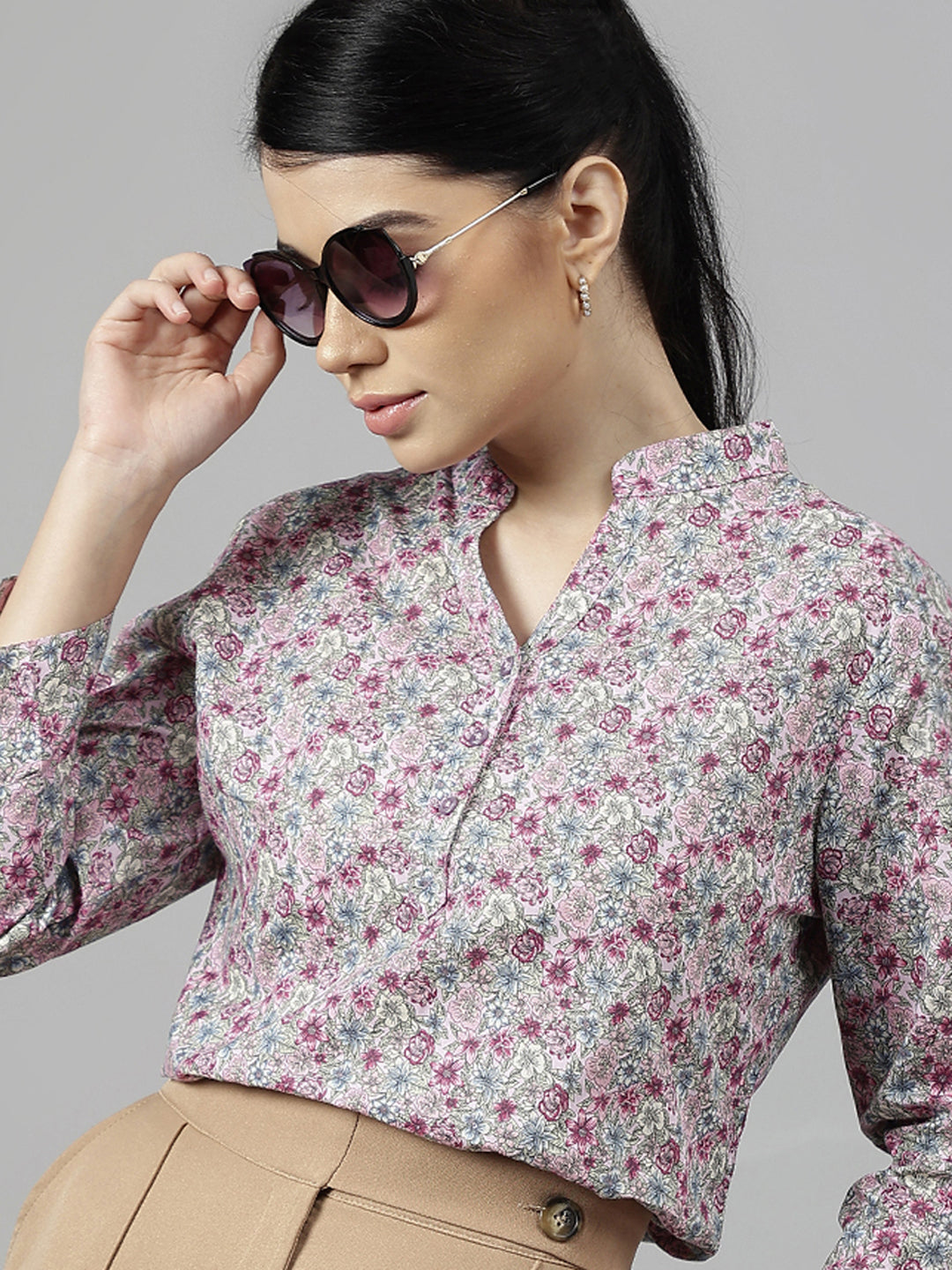 Women Pink Floral Printed Pure Cotton Regular Fit Formal Top