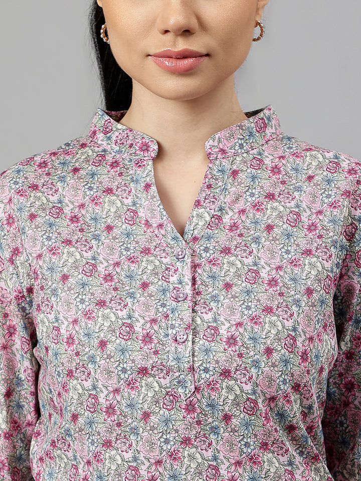 Women Pink Floral Printed Pure Cotton Regular Fit Formal Top