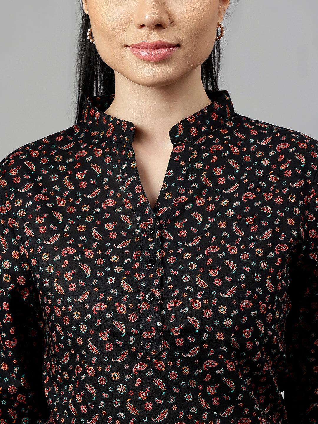 Women Black Paisley Printed Pure Cotton Regular Fit Formal Top