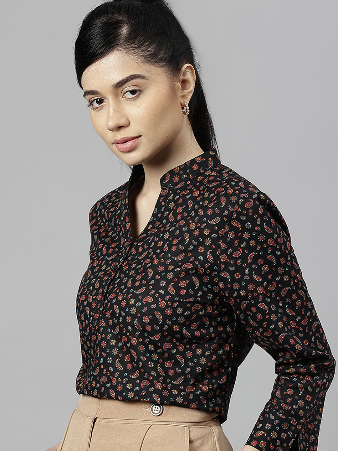 Women Black Paisley Printed Pure Cotton Regular Fit Formal Top