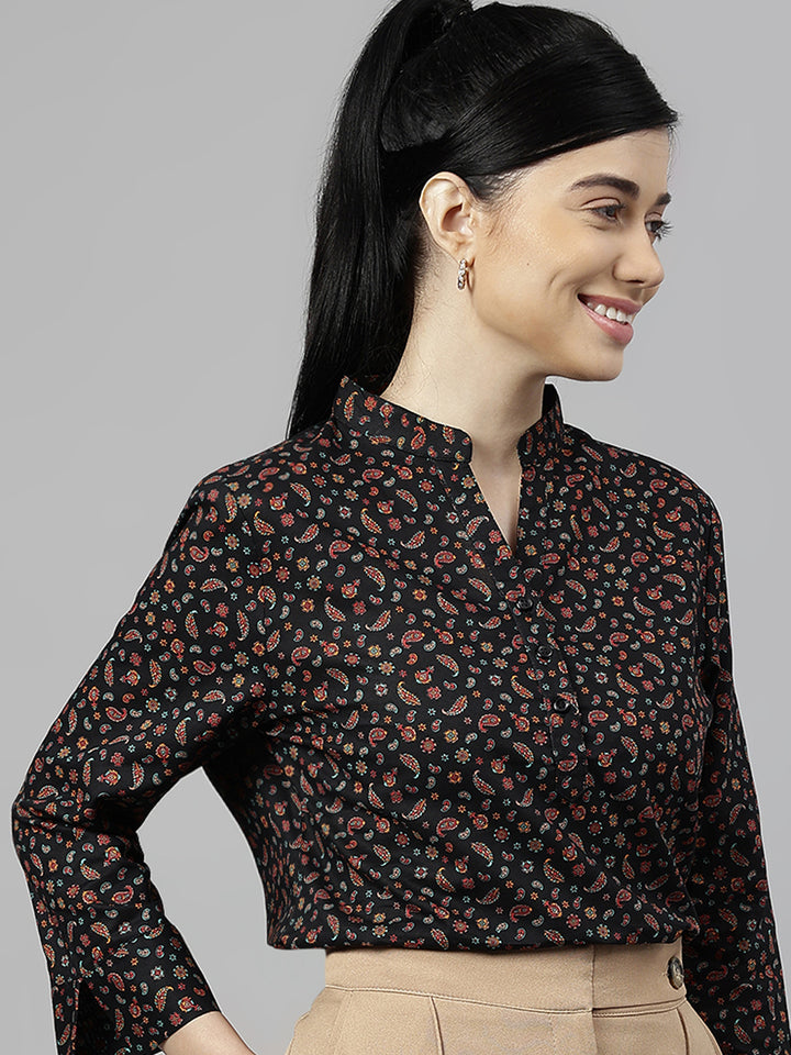 Women Black Paisley Printed Pure Cotton Regular Fit Formal Top