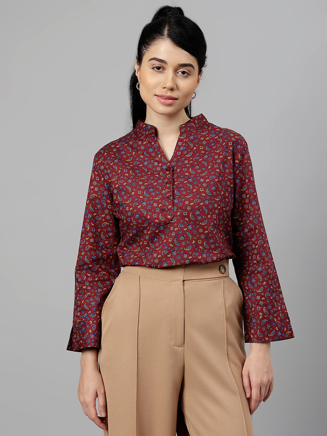 Women Maroon Paisley Printed Pure Cotton Regular Fit Formal Top