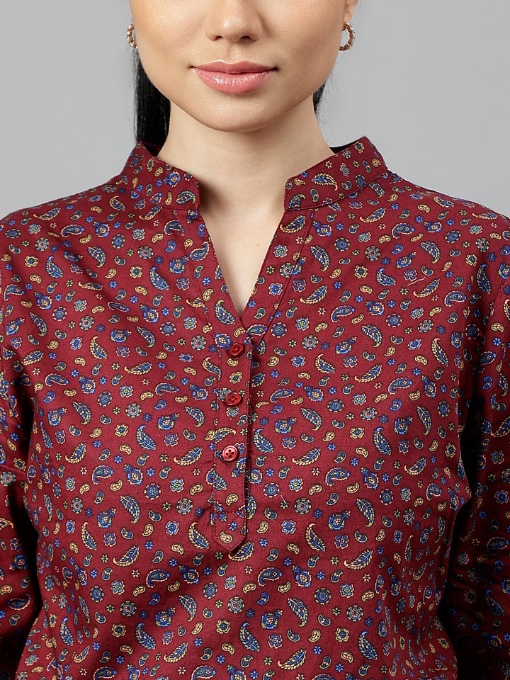 Women Maroon Paisley Printed Pure Cotton Regular Fit Formal Top