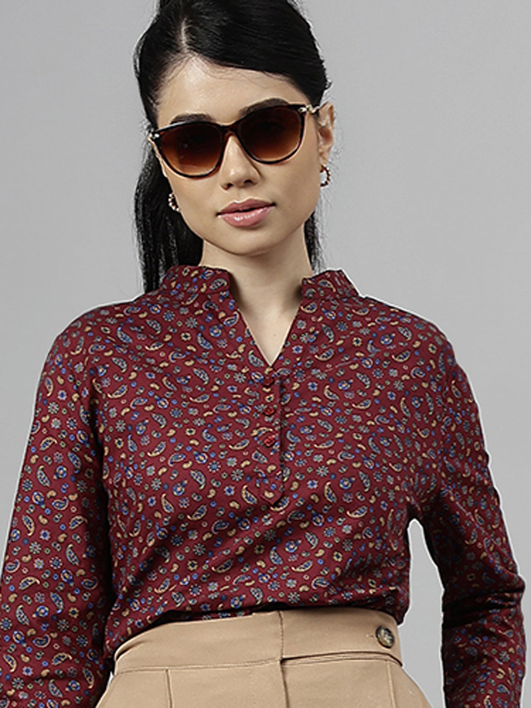 Women Maroon Paisley Printed Pure Cotton Regular Fit Formal Top