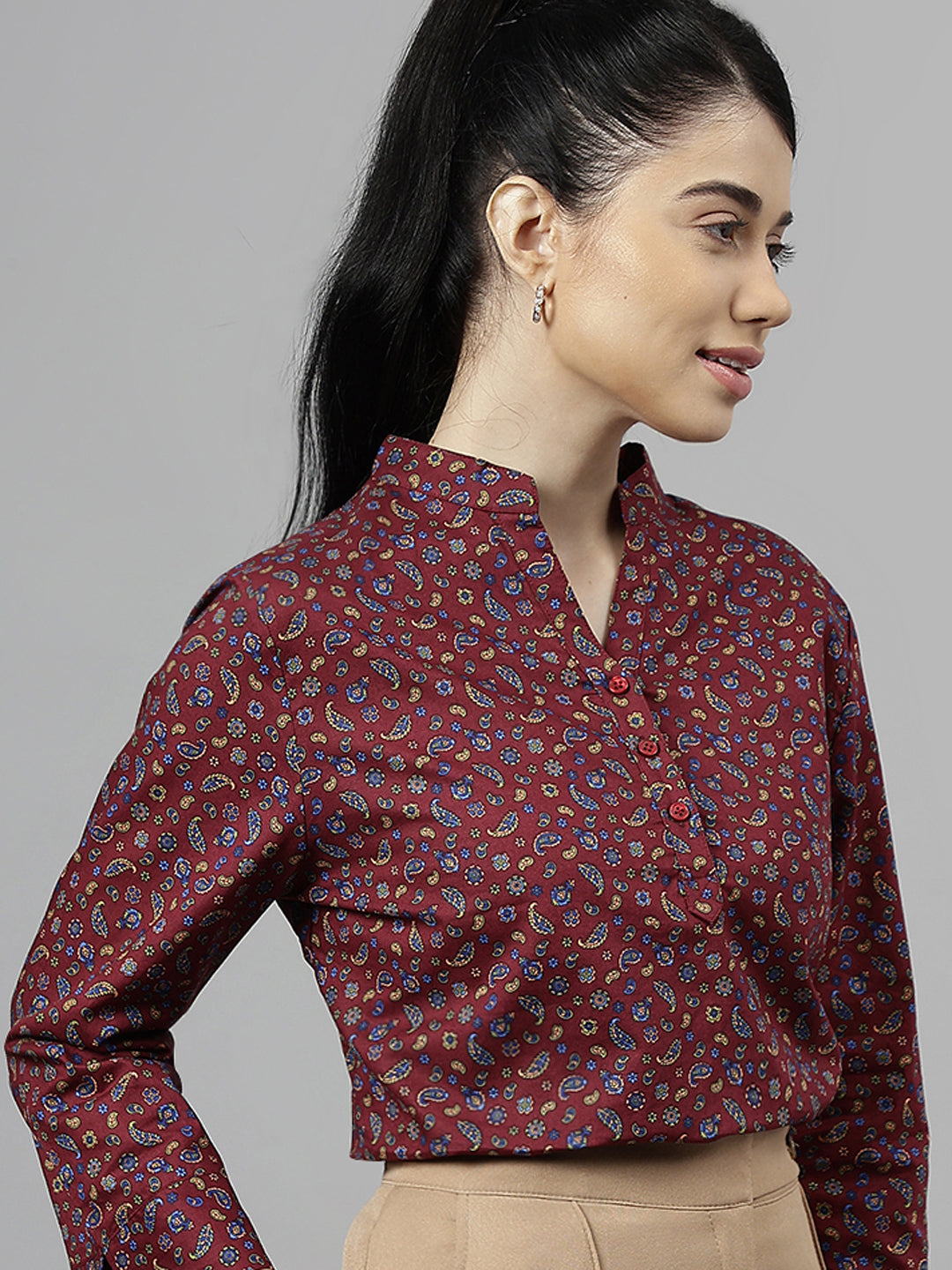 Women Maroon Paisley Printed Pure Cotton Regular Fit Formal Top