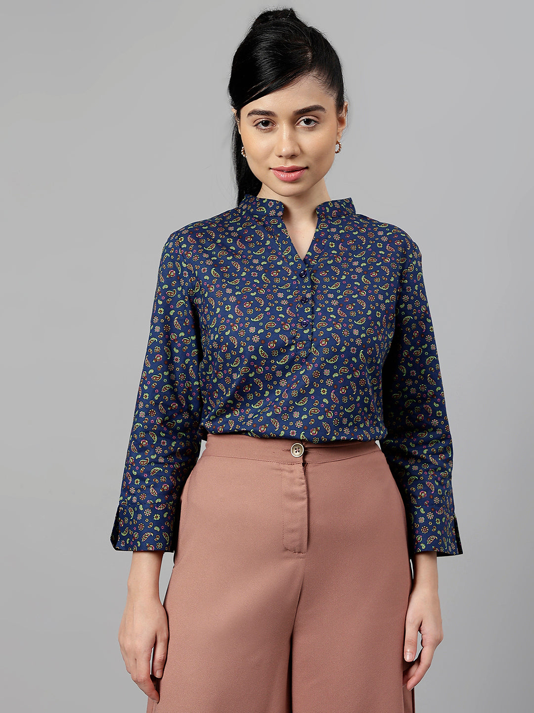 Women Navy Blue Paisley Printed Pure Cotton Regular Fit Formal Top