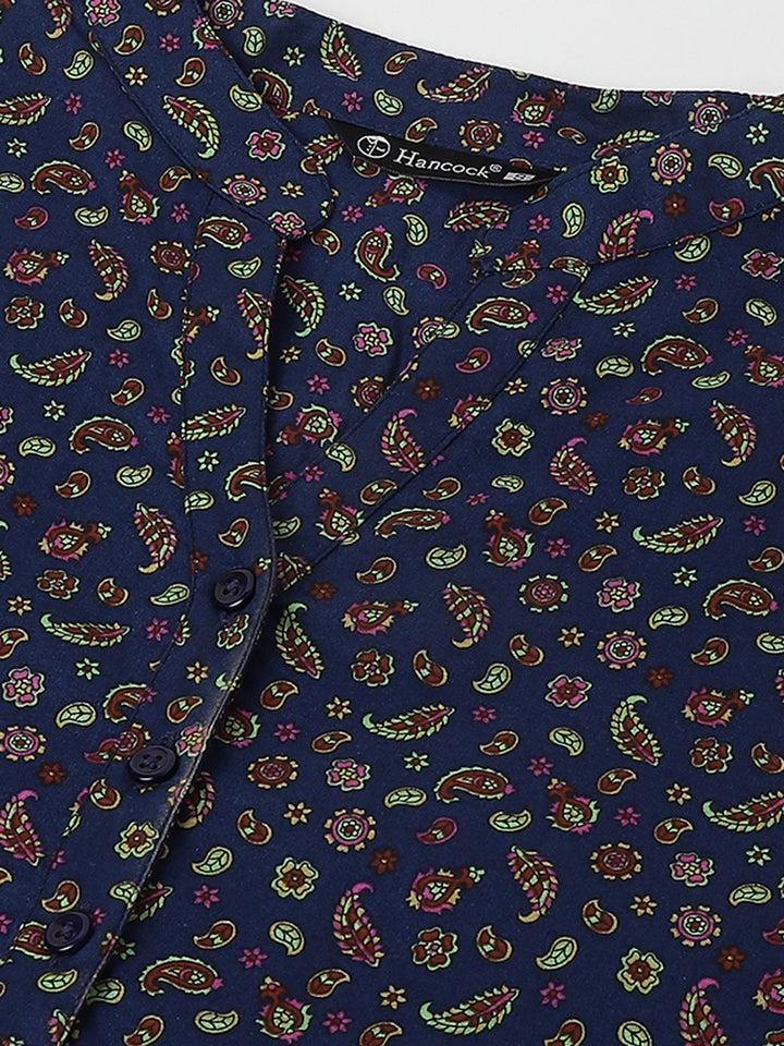 Women Navy Blue Paisley Printed Pure Cotton Regular Fit Formal Top