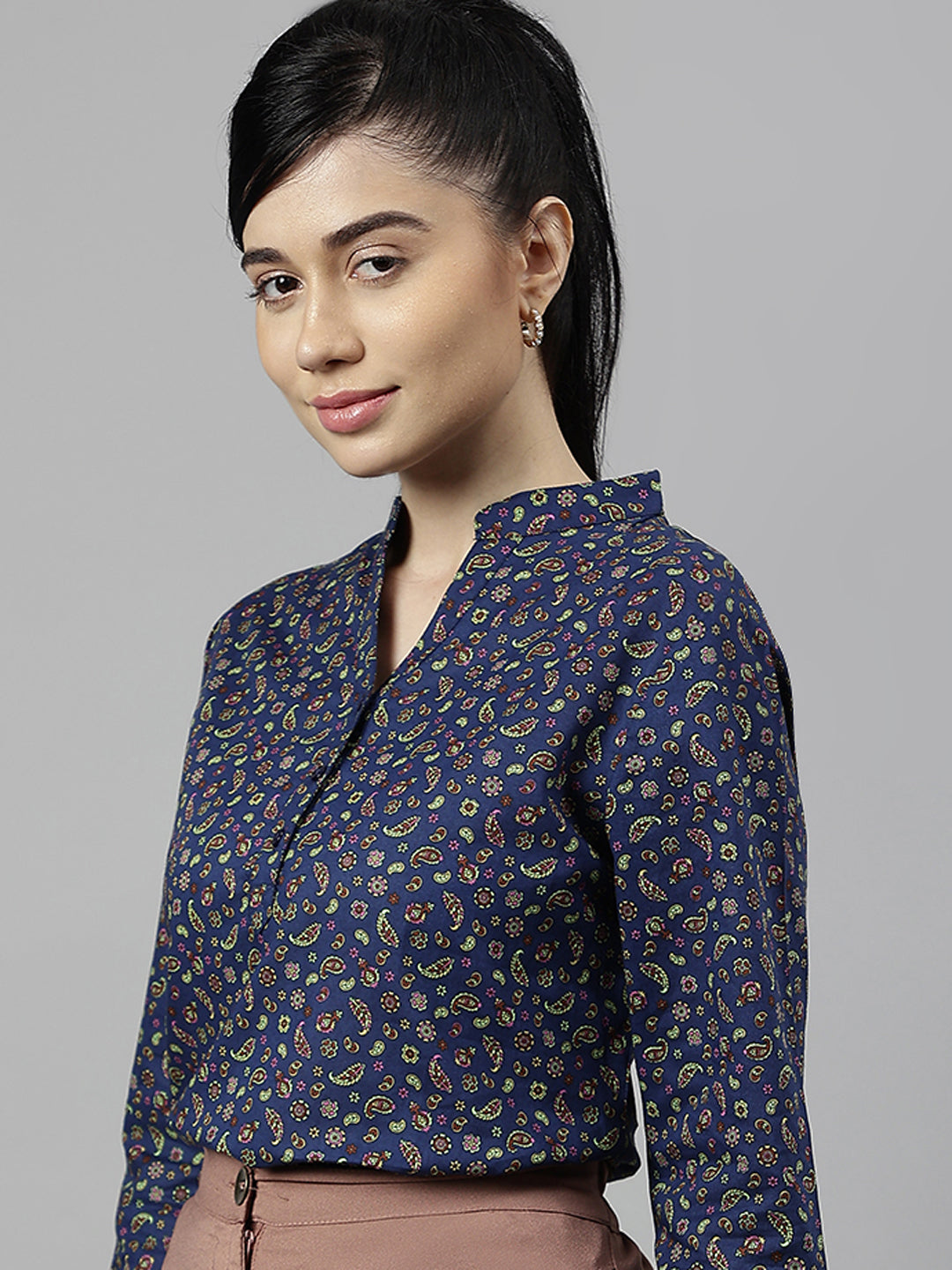 Women Navy Blue Paisley Printed Pure Cotton Regular Fit Formal Top