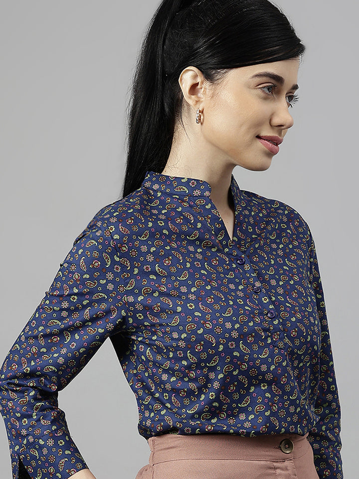 Women Navy Blue Paisley Printed Pure Cotton Regular Fit Formal Top