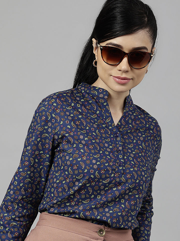 Women Navy Blue Paisley Printed Pure Cotton Regular Fit Formal Top