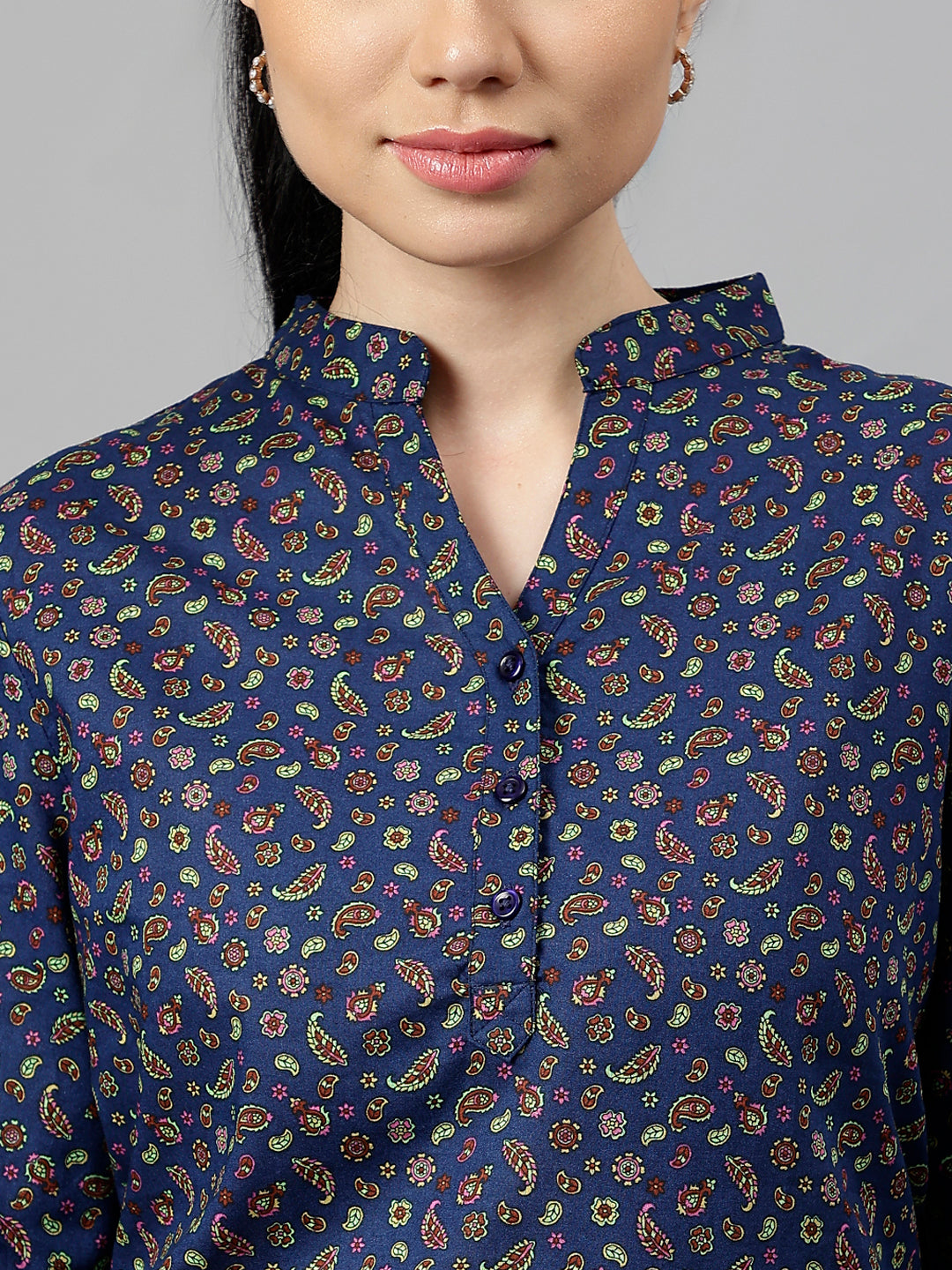 Women Navy Blue Paisley Printed Pure Cotton Regular Fit Formal Top