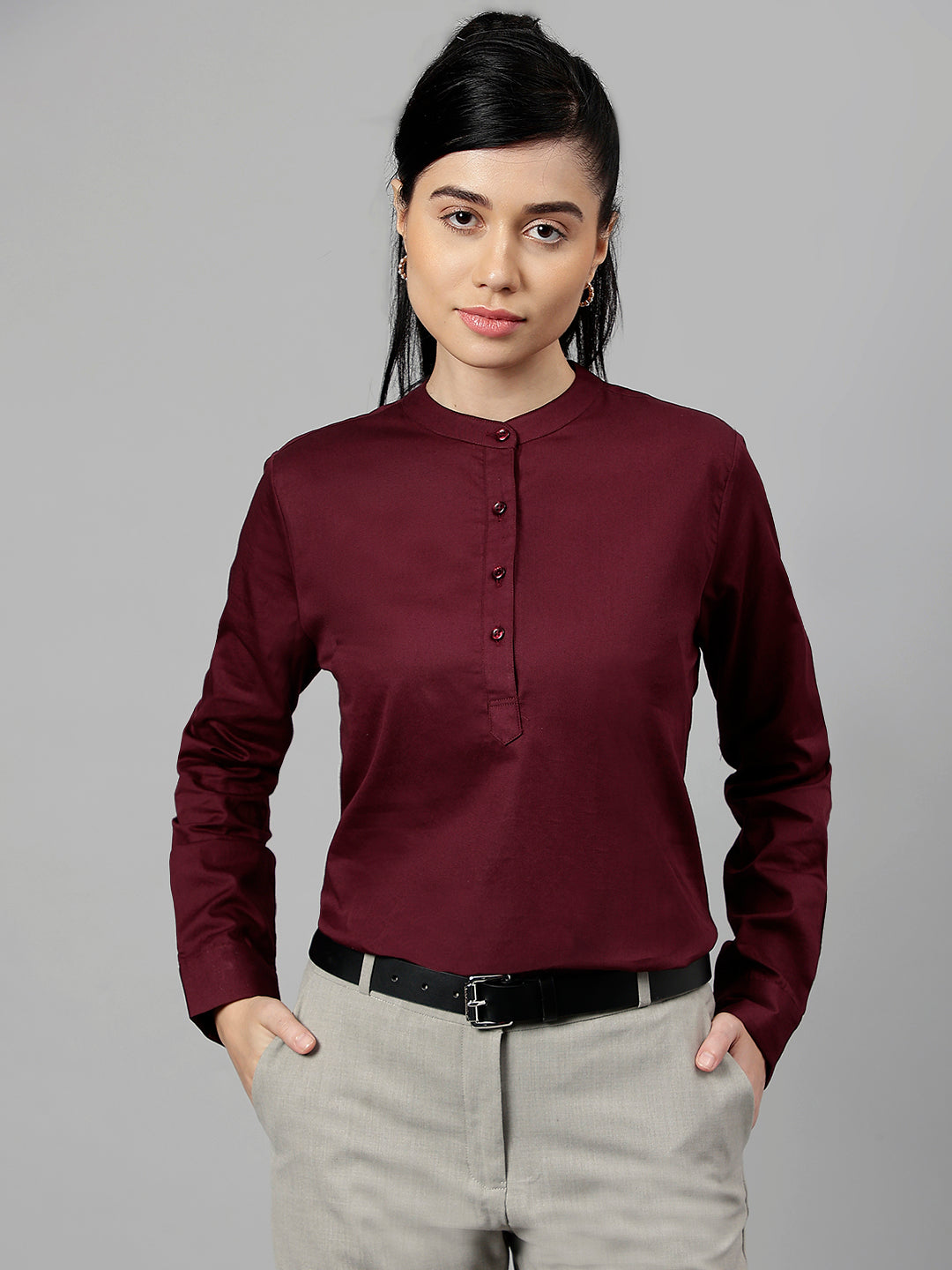 Women Burgundy Solid Pure Cotton Regular Fit Formal Top