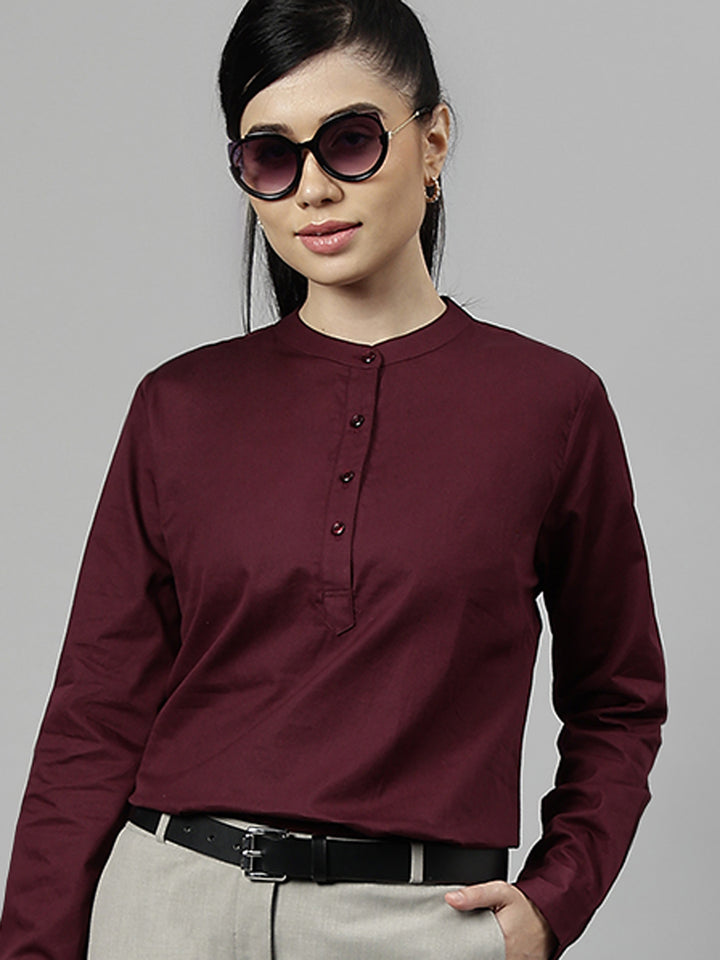 Women Burgundy Solid Pure Cotton Regular Fit Formal Top