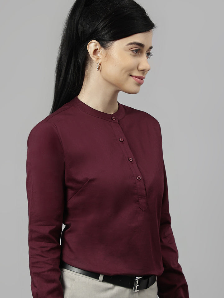 Women Burgundy Solid Pure Cotton Regular Fit Formal Top