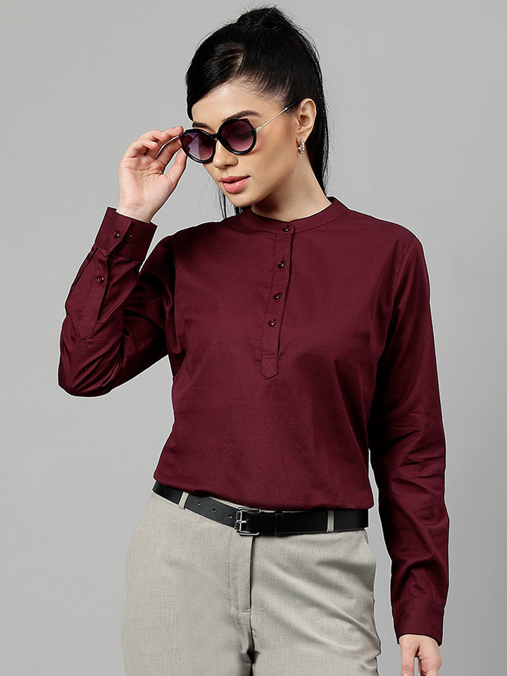 Women Burgundy Solid Pure Cotton Regular Fit Formal Top