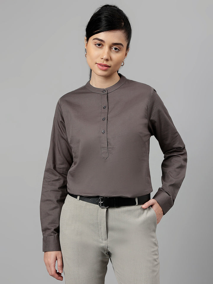 Women Dark Grey Solid Pure Cotton Regular Fit Formal Top