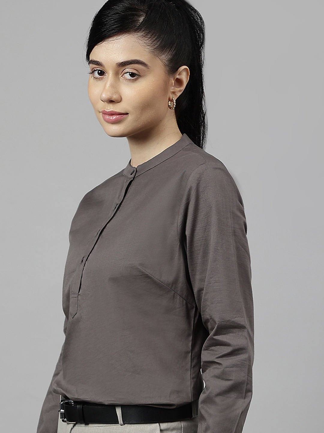 Women Dark Grey Solid Pure Cotton Regular Fit Formal Top