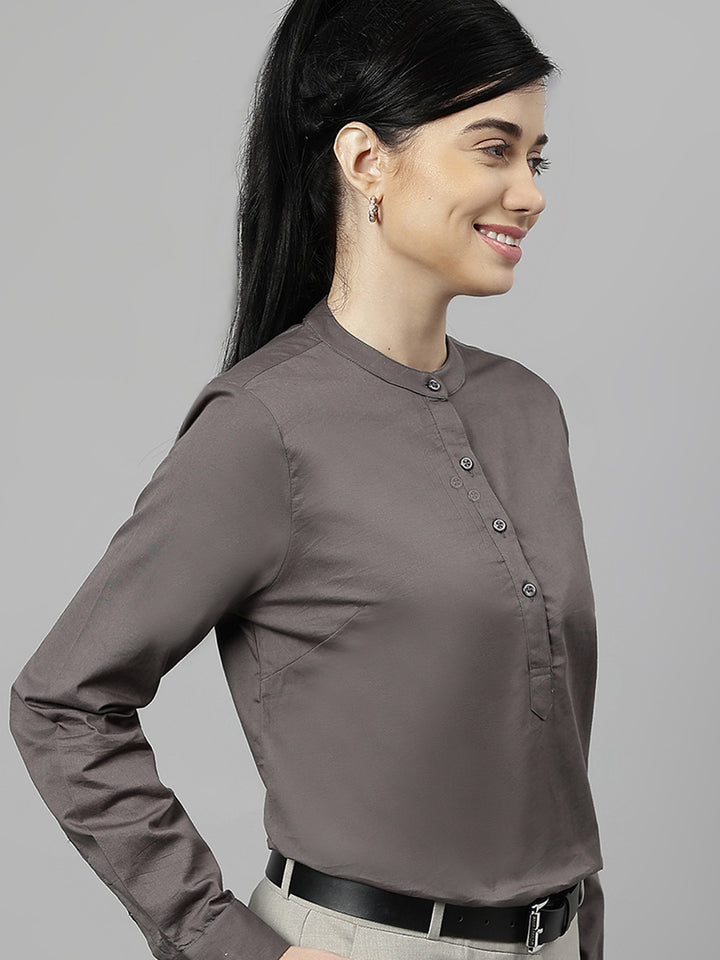 Women Dark Grey Solid Pure Cotton Regular Fit Formal Top