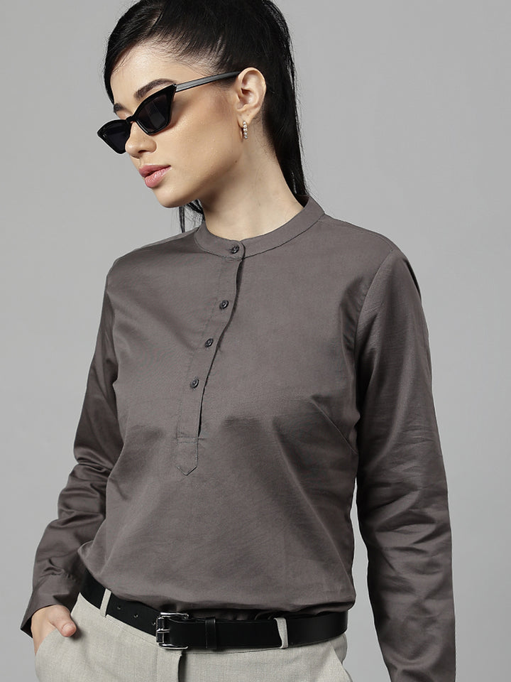 Women Dark Grey Solid Pure Cotton Regular Fit Formal Top