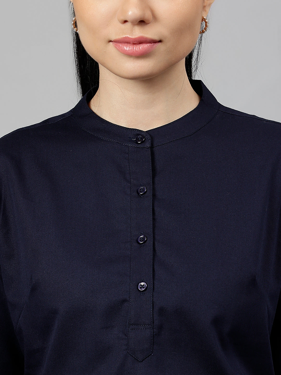 Women Navy Blue Solid Pure Cotton Regular Fit Formal Top