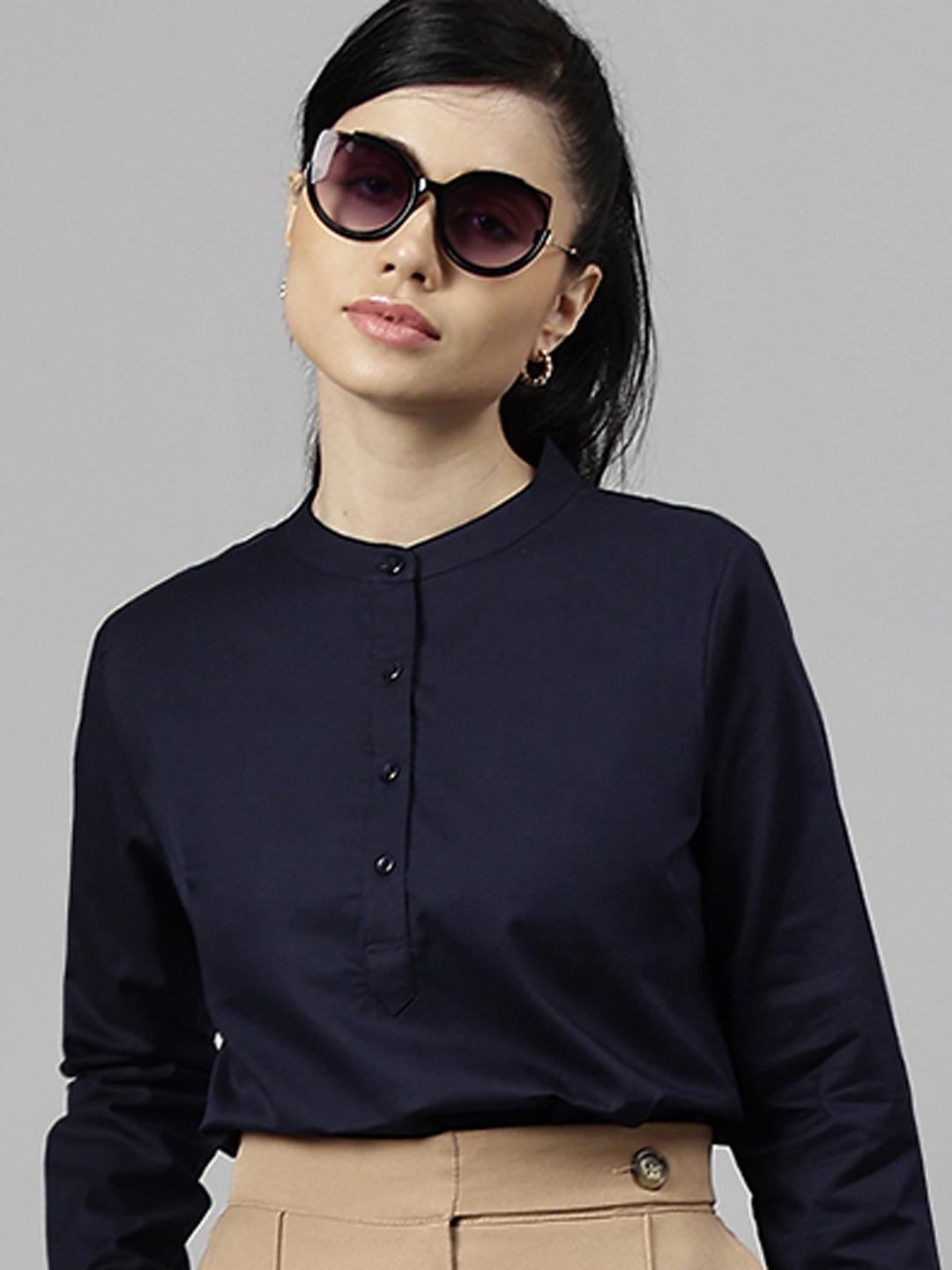 Women Navy Blue Solid Pure Cotton Regular Fit Formal Top