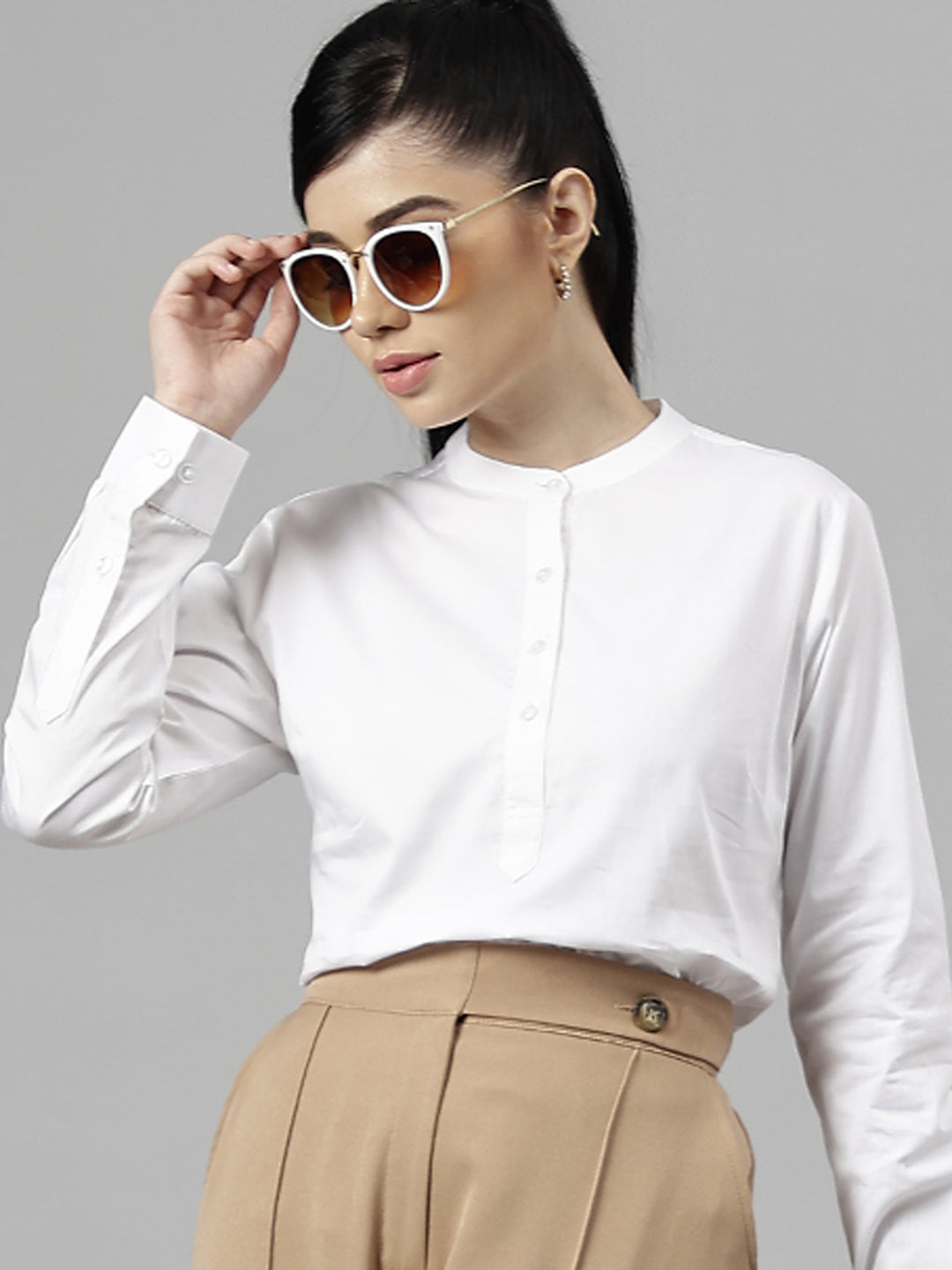 Women White Solid Pure Cotton Regular Fit Formal Top