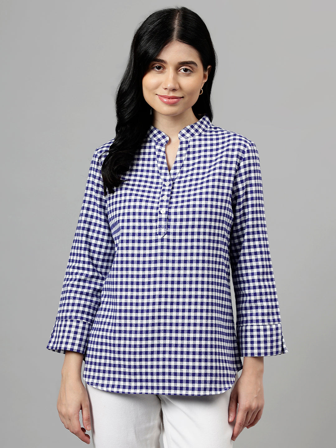 Women Blue & White Gingham Checked Pure Cotton Regular Fit Formal Top