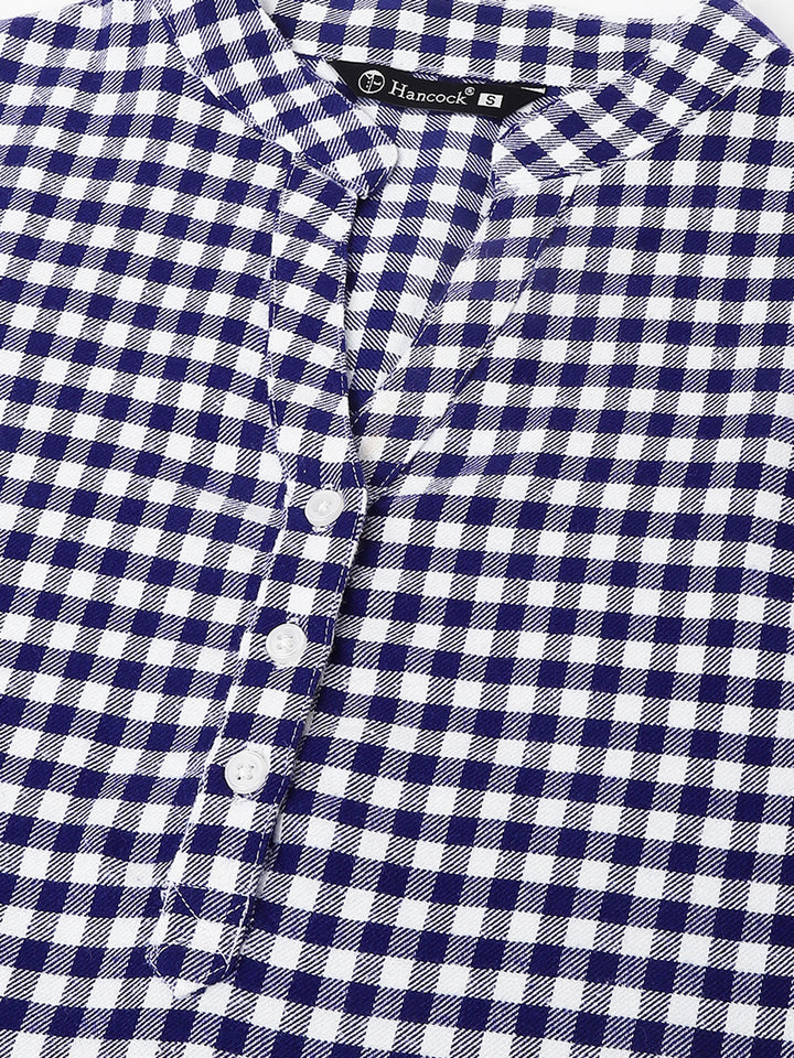 Women Blue & White Gingham Checked Pure Cotton Regular Fit Formal Top