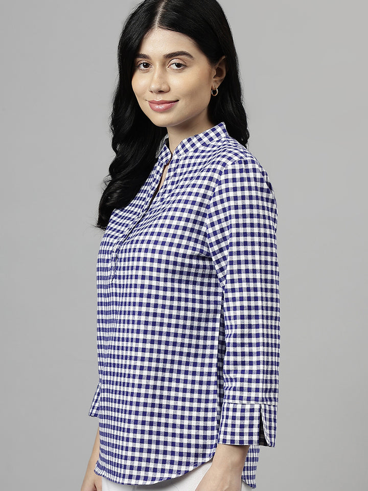 Women Blue & White Gingham Checked Pure Cotton Regular Fit Formal Top