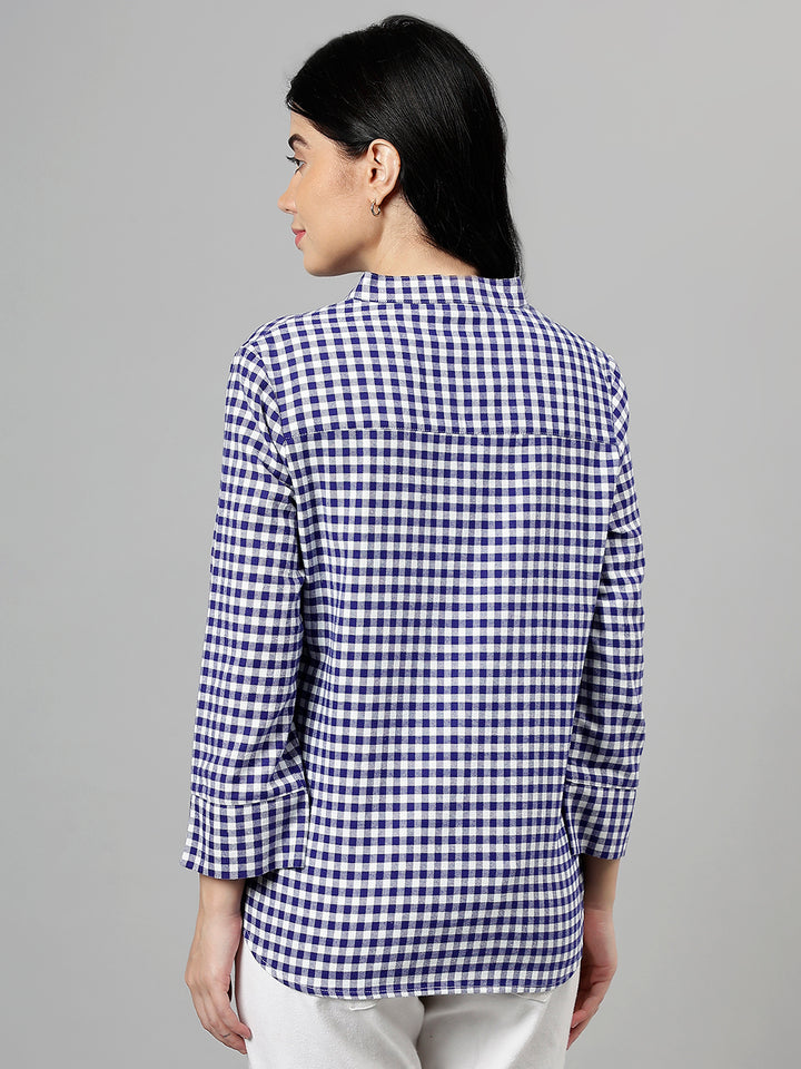 Women Blue & White Gingham Checked Pure Cotton Regular Fit Formal Top